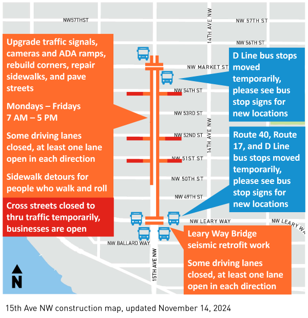 Map of construction along 15th Ave NW, which is described below