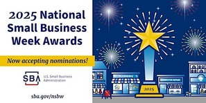 illustration of shops among an award that has a star and 2025 with 2025 national small business week awards now accepting nominations