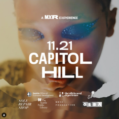 image of person with blue eye makeup, sponsor logos, and text 11.21 Capitol Hill a MXR experience