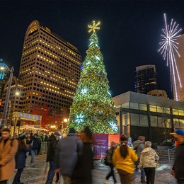 seattle holiday tree and star lit up with people walking in the foreground