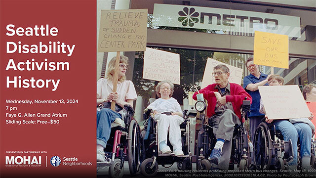 Presentation slide with photo of disability activists holding signs, slide title reads "Seattle Disability Activism History"