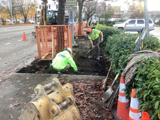 Crews working on forming sidewalk to prepare for concrete pour on west side of Rainier Ave S and S McClellan St.