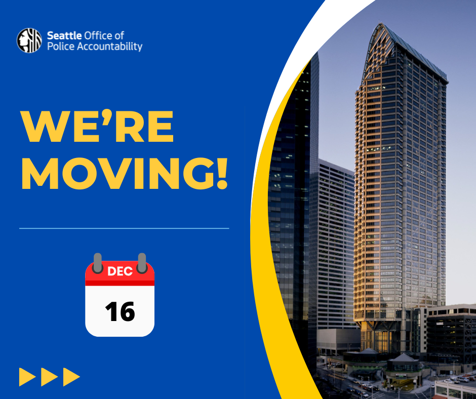 Blue graphic with a photo of the Seattle Municipal Tower stating We're Moving on December 16th.