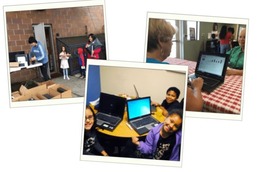 three photos of kids and laptops