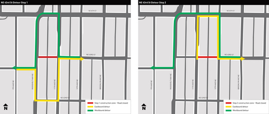 A map showing two detours around the closure of Northeast 43rd Street in the University District.