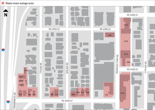 A map showing the upcoming water shutoffs in the University District.