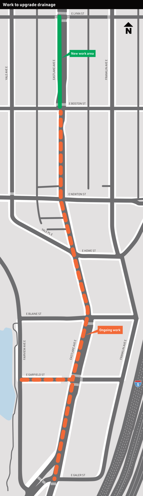A map showing stormwater work progressing north toward East Lynn Street on Eastlake Ave East.
