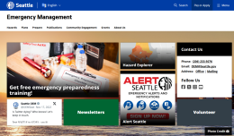 screenshot of website with icons for free training, hazard explorer, alertseattle, newsletter, twitter, volunteer, and contact us