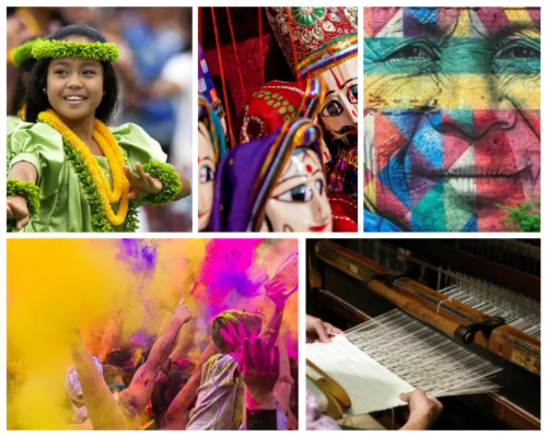 Five photo collage of cultural pictures