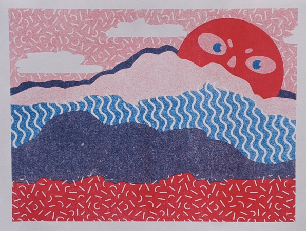 illustrative print of blue, pink, and red mountains with a red sun with an angry face setting behind the landscape