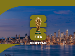 Seattle FIFA 2026 logo in front of the Seattle skyline