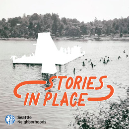 A black and white photo of a floating deck on a body of water with part of the photo removed. Logo reads "Stories in Place"