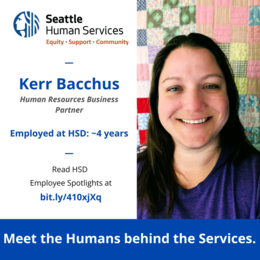 Graphic featuring photo of Kerr Bacchus, Human Resources Business Partner, the HSD logo, and a link to read HSD Employee Spotlights at bit.ly/410xjXq