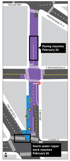 Map of the 3rd Ave S and S Main St Bus Stop Improvements project in Pioneer Square, showing where work will occur over the next week