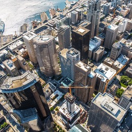 View of Seattle office buildings from the sky