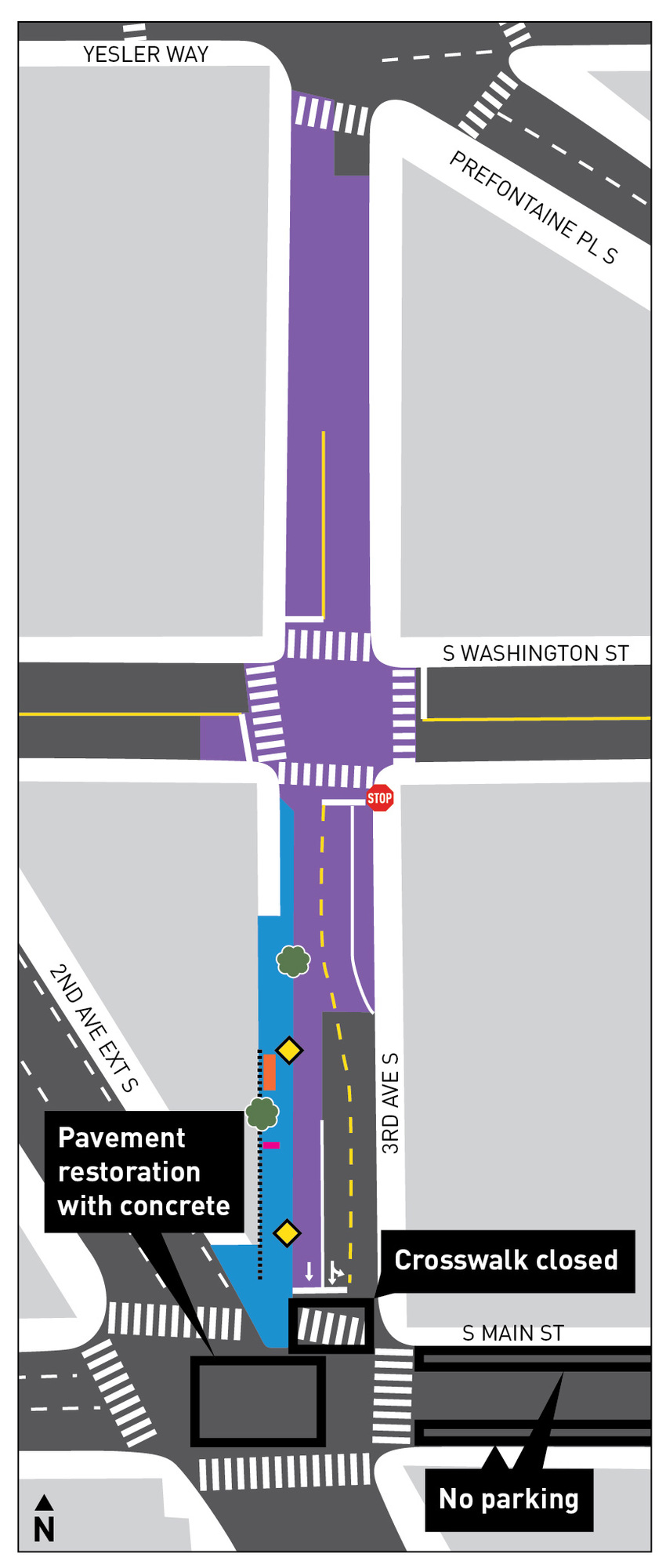 A map of the 3rd Ave S and S Main St project area in Pioneer Square, complete with black text boxes showing where construction will occur