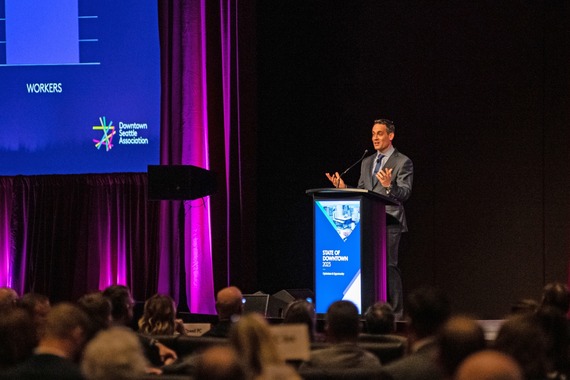 Downtown Seattle Association President and CEO Jon Scholes addresses the the audience at the annual State of Downtown. 