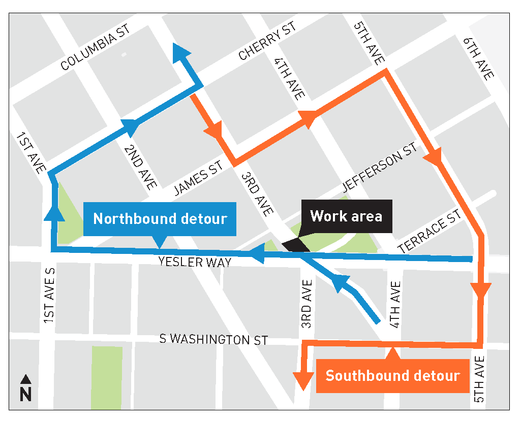 Graphic map of 3rd Ave and Yesler. Blue arrows show northbound detours, while orange arrows show southbound detours
