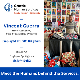 Employee Spotlight graphic with photo of VP Guerra, Senior Counselor in HSD's Care Coordination Program