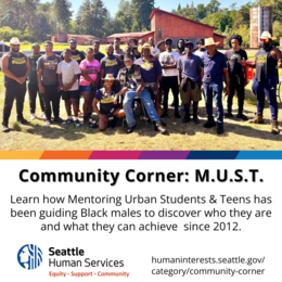 Community Corner social media graphic featuring a photo of MUST mentees, mentors, and staff visiting the Buffalo Soldiers Museum