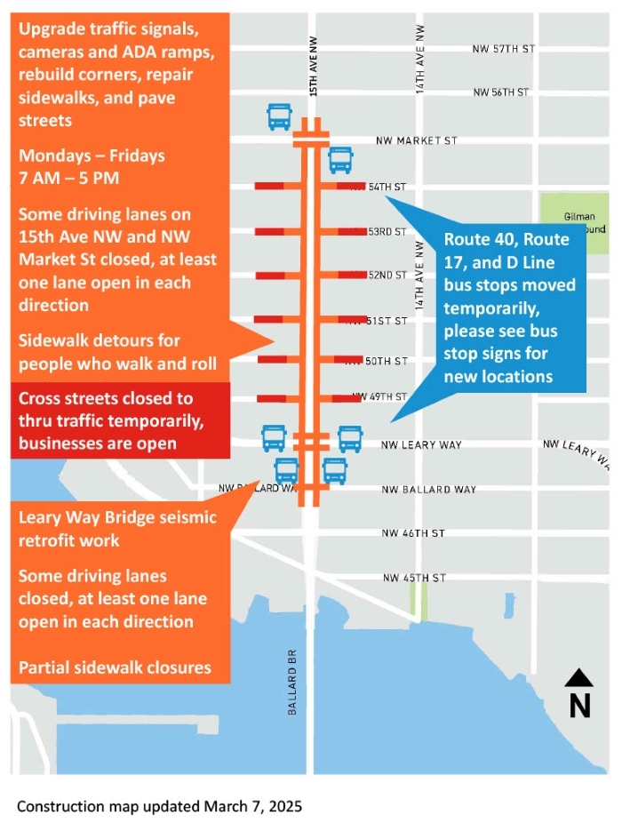 15th Ave W/NW Construction Map, updated March 7, 2025