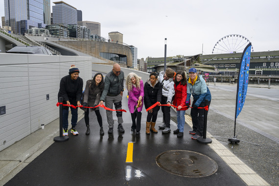 Ribbon cutting for the opening of new bike lanes along the Waterfront