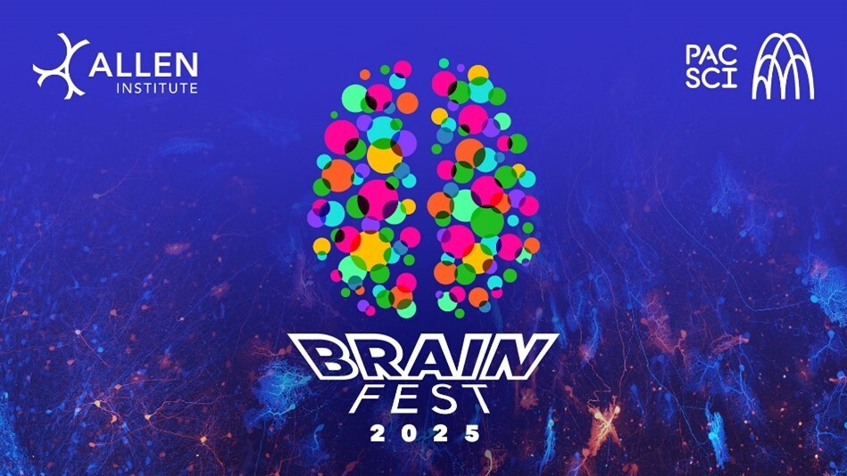 Colorful brain graphic with "Brain Fest 2025" text, surrounded by Allen Institute and Pac Sci logos on a blue background.