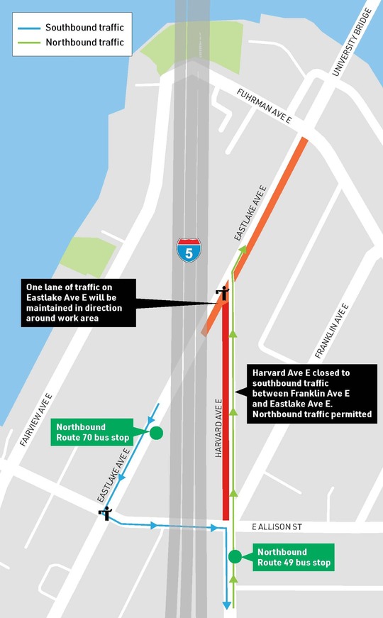 A map of the southbound lane closure on Harvard Ave E between Eastlake Ave E and E Allison St 
