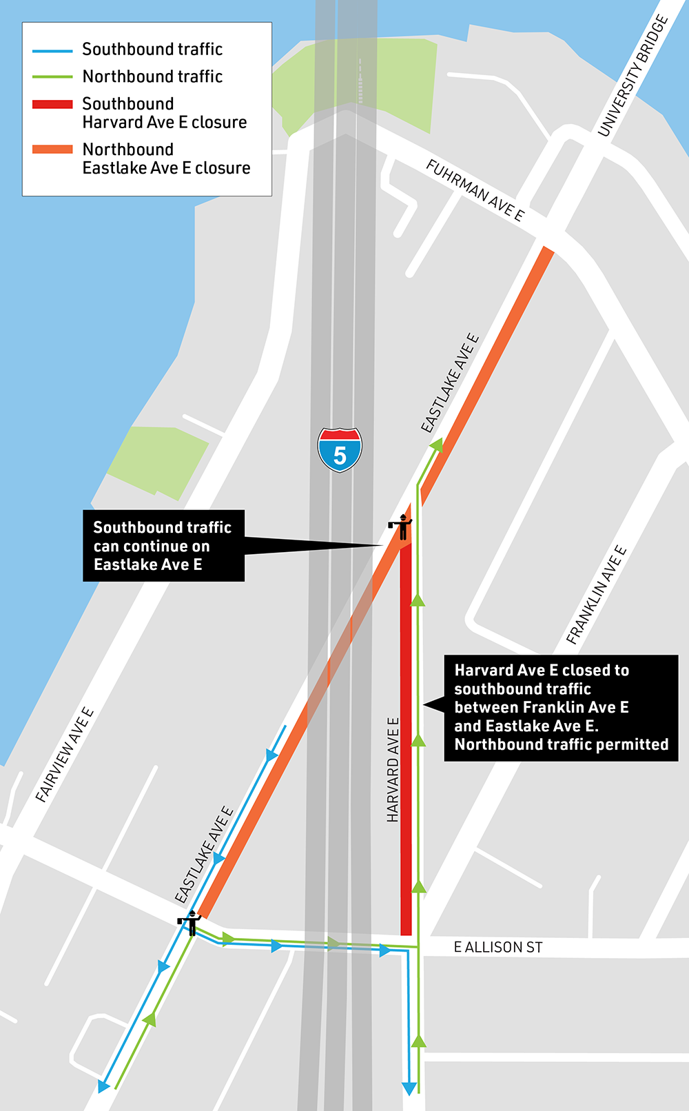 A map of the southbound closure on Harvard Ave E between Eastlake Ave E and E Allison St. 