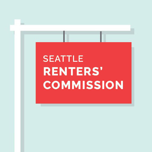 Blue background with a graphic of a red sign hanging off a post that reads: "Seattle Renters' Commission."