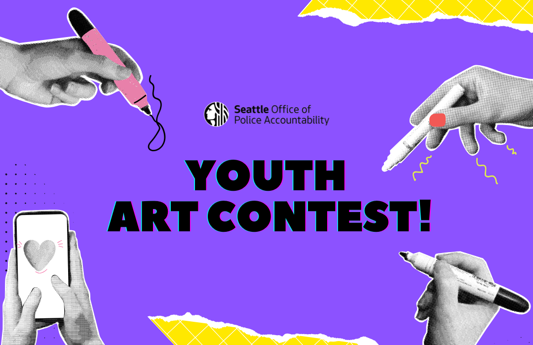 Purple graphic with black and white hand cutouts with markers that says Youth Art Contest!