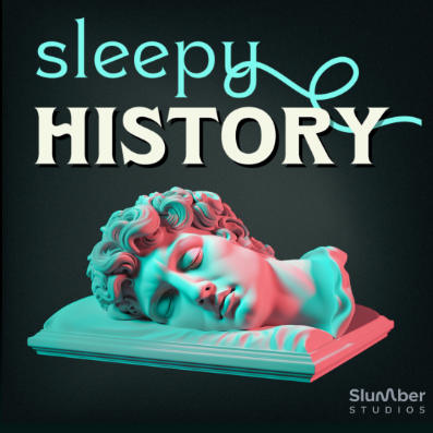 Black box that says Sleepy History with a marble bust of someone sleeping. The Slumber Stuios logo is at the bottom.