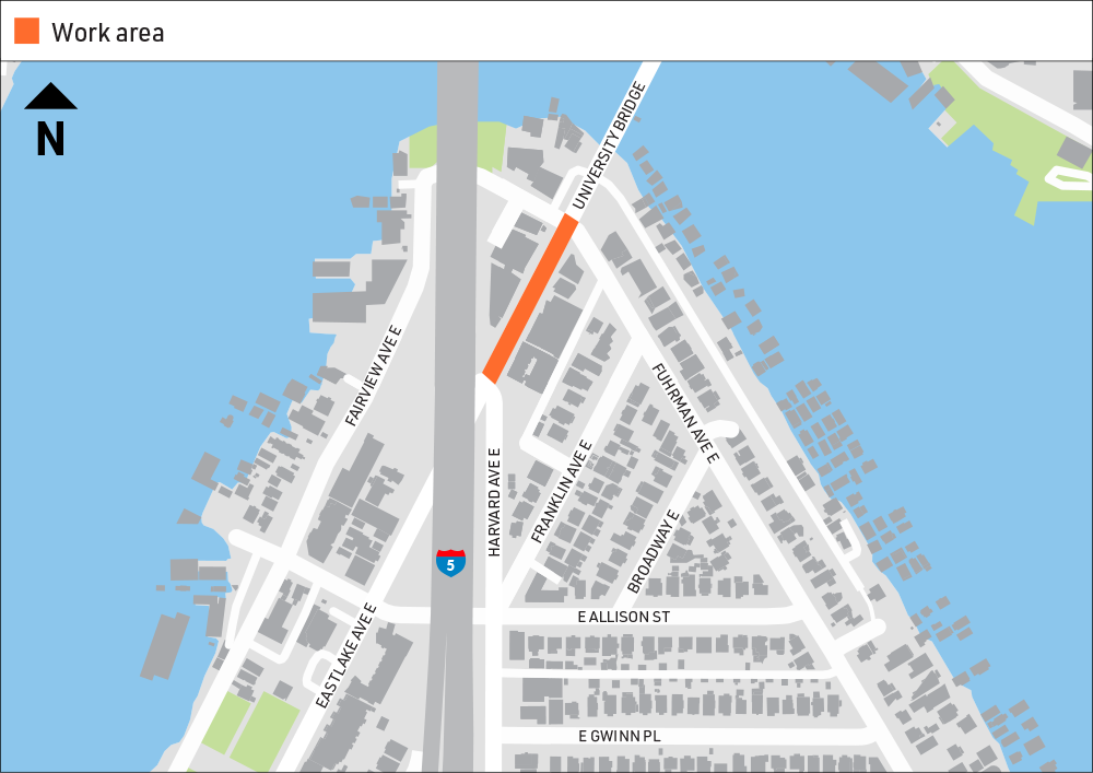 Map of the work area on Eastlake Ave E between Fuhrman Ave E and Harvard Ave E. 