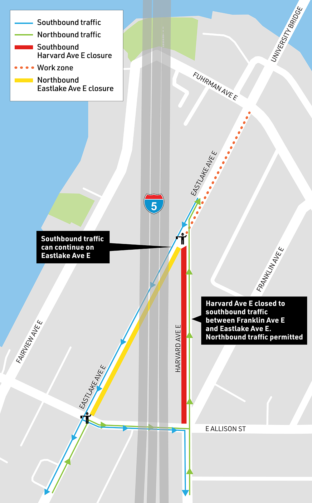 A map of the southbound closure on Harvard Ave E between Eastlake Ave E and E Allison St.  