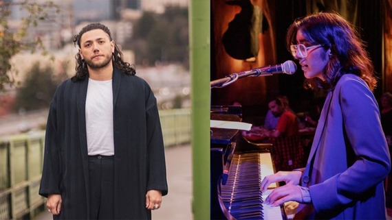 Photo of Civic Poet Dujie Tahat on the left a photo of Jahnvi Madan's playing piano on the right