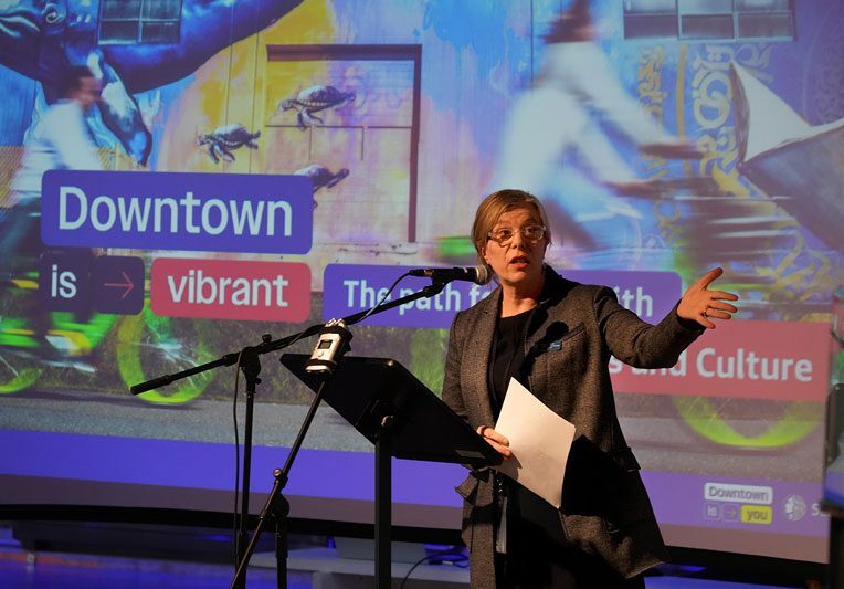 Seattle Arts and Culture Director Gulgun Kayim speaking 