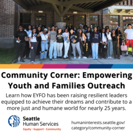 Community Corner social media graphic featuring a photo of EYFO youth and staff on a college tour