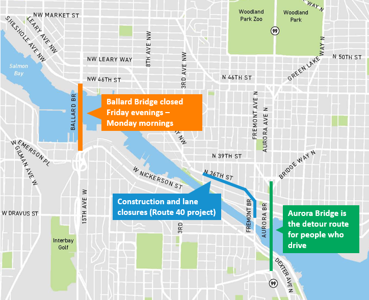 Map showing the location of the upcoming Ballard Bridge weekend closures. Graphic: SDOT 