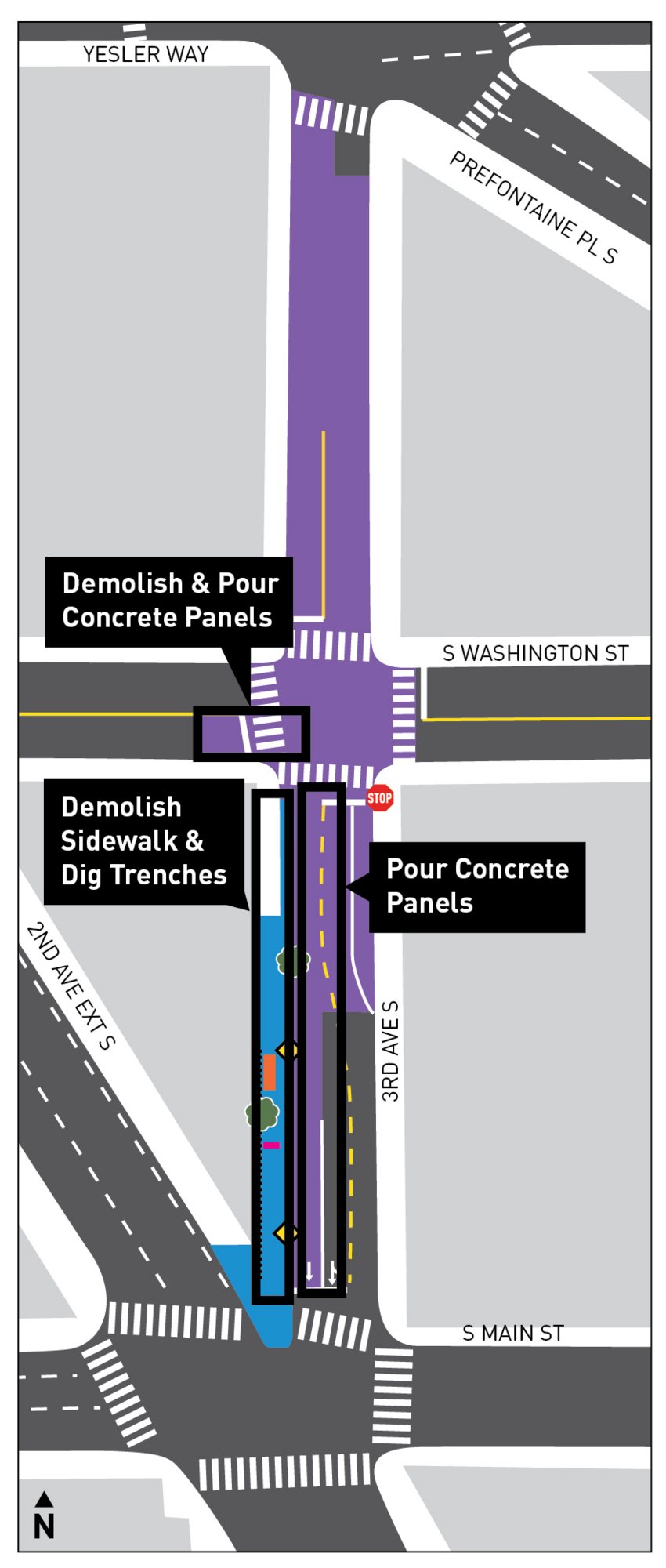 Map of the 3rd Ave S and S Main St Bus Stop Improvements project in Pioneer Square, showing the areas where work will occur over the next week