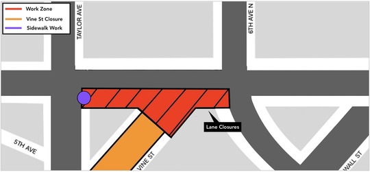 Map Detailing Work on Denny Way Between Taylor Ave and 6th Ave Including the Work Zone, Lane Closures and Sidewalk Work