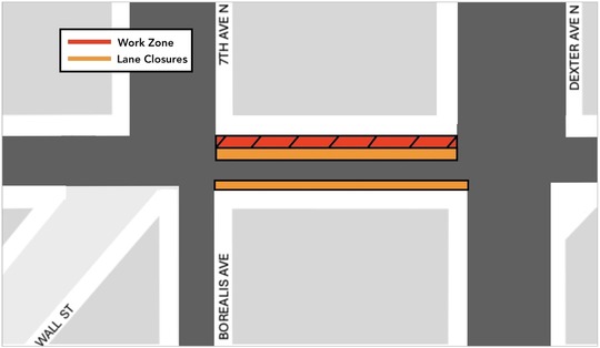 Map Detailing Work on Denny Way between 7th Ave and Dexter Ave Including Work Zone and Lane Closures 
