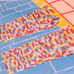 A graphic design of a blue tile floor with two ramps comprised of many colorful boxes leading up a small step to a tan tiled floor.