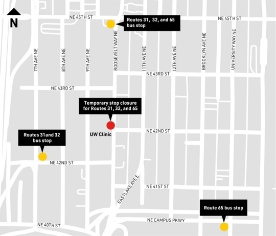 Map of Routes 31, 32, and 65 bus stops. 