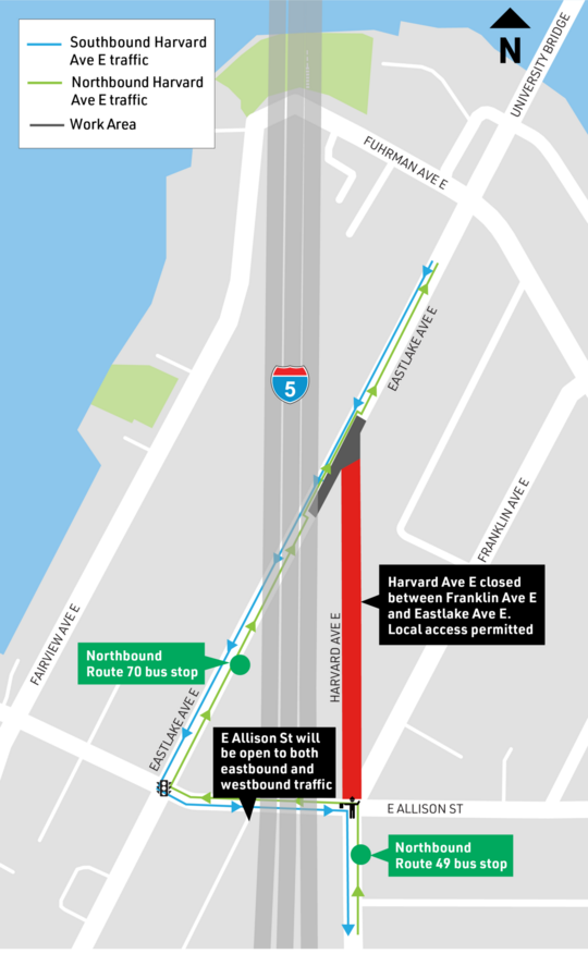 A map of the full closure on Harvard Ave E between Eastlake Ave E and E Allison St.  