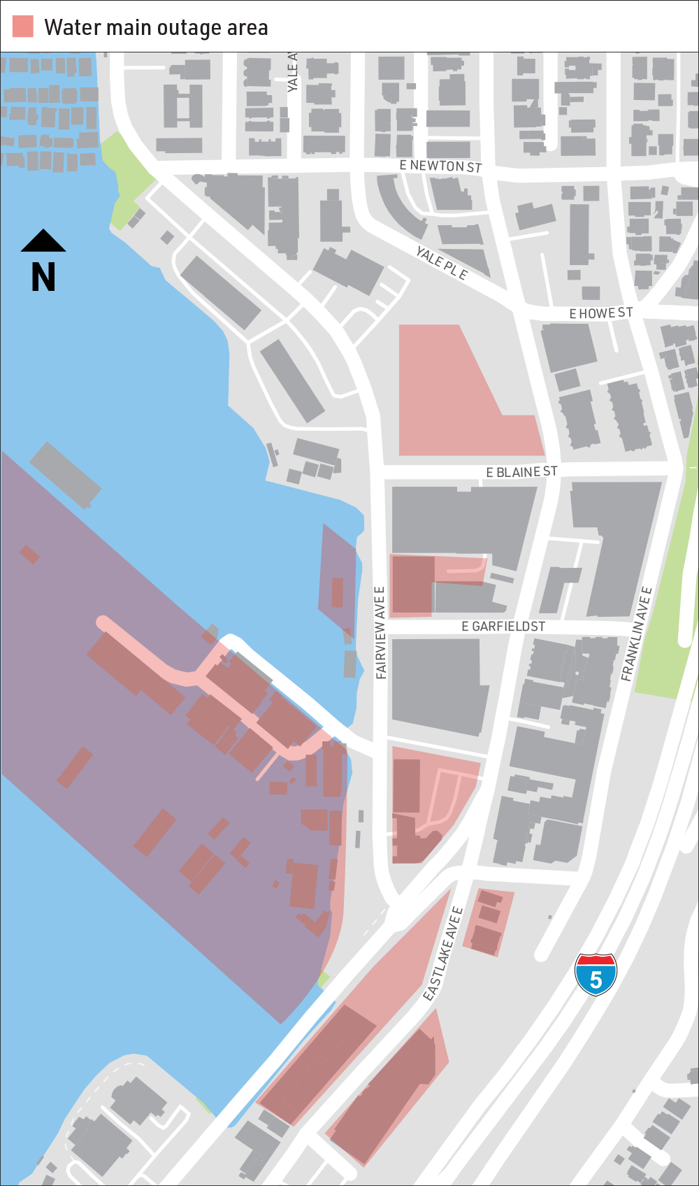 The properties highlighted in red will experience water outages during the night of April 13.