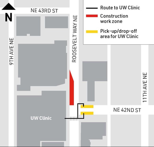 Map showing the relocated pick-up and drop-off areas for the UW Clinic. 