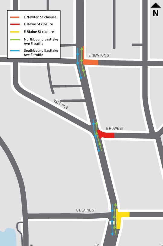 Map of the closures at E Newton St, E Howe St, and E Blaine St.  