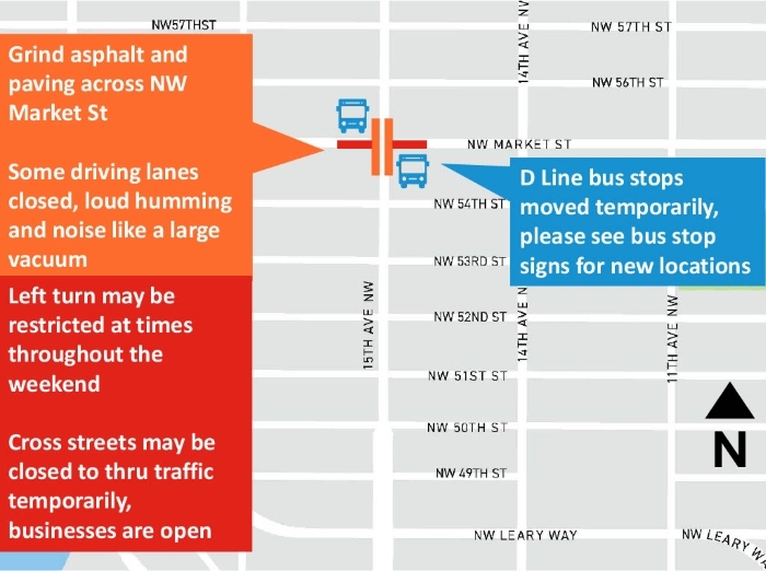15th Ave WNW Weekend Overnight Construction Map, updated April 11, 2025