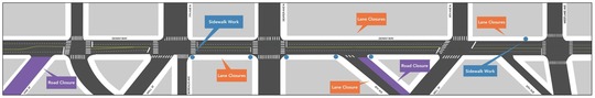 Map Detailing Work on Denny Way from Vine St to Westlake Ave Including Lane Closures and Sidewalk Work
