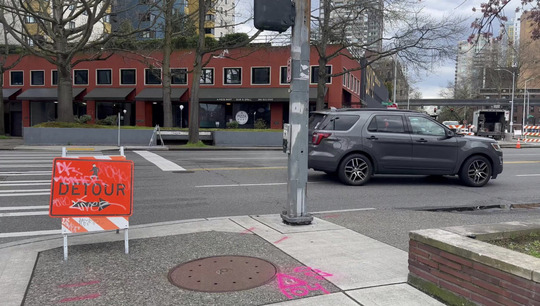 Sidewalk Detour Sign on Denny Way